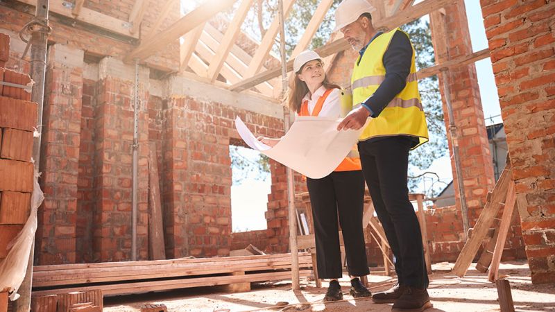 A male & female engineer standing in a semi-constructed house looking at construction plans together
